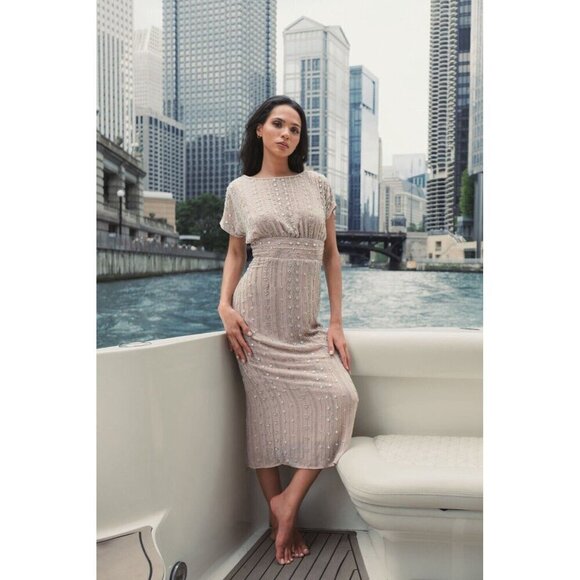 Mac Duggal Size 8 Beige 93649 Beaded Cap Sleeve Column Gown Midi Dress $498 New - Picture 5 of 14